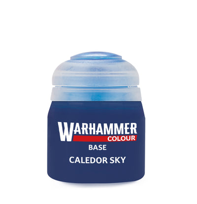 The official retail product paint pot for Warhammer Colour Base: Caledor Sky.
