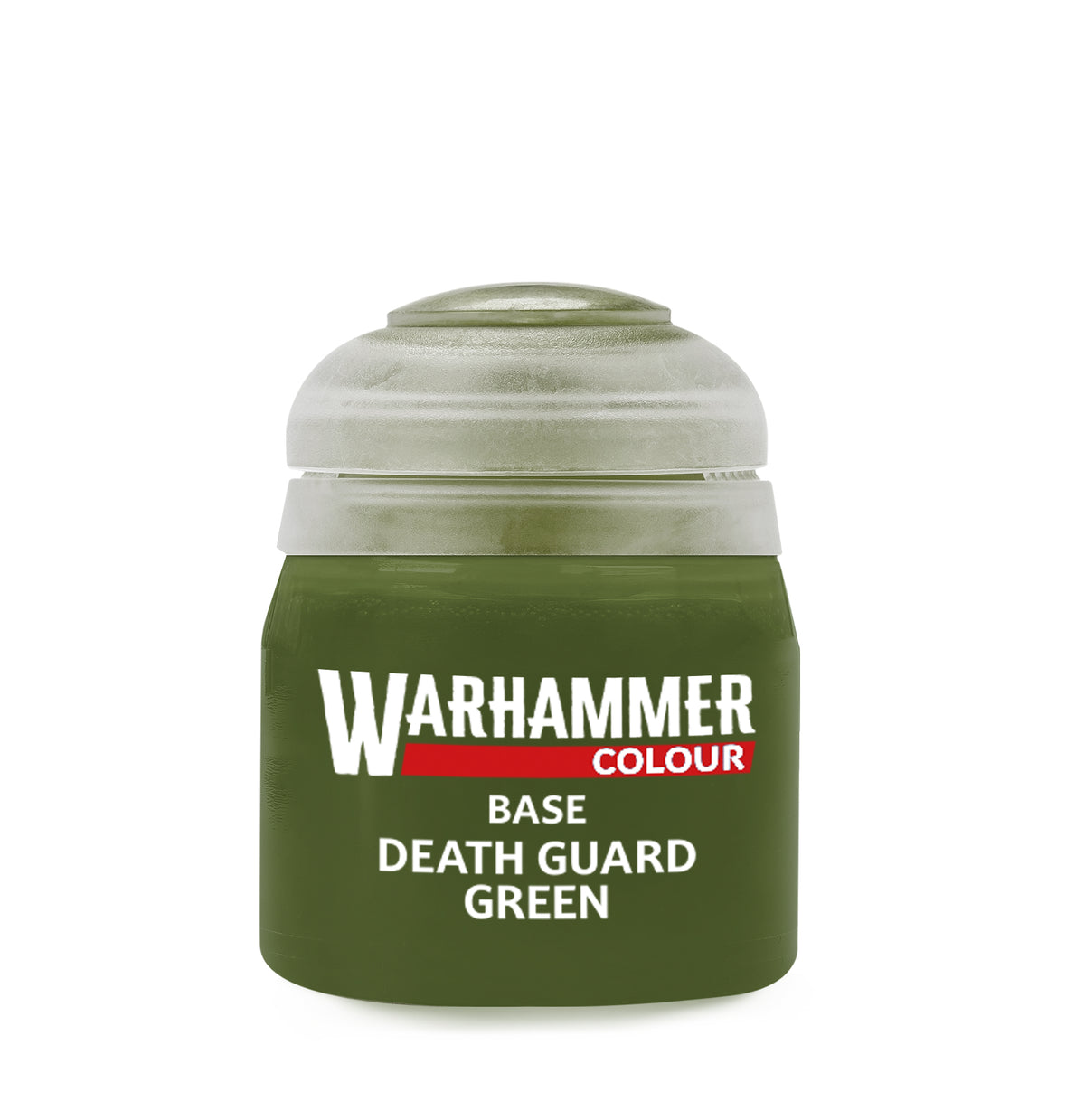 The official retail product paint pot for Warhammer Colour Base: Death Guard Green.