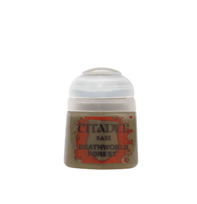The official retail product paint pot for Warhammer Colour Base: Deathworld Forest.