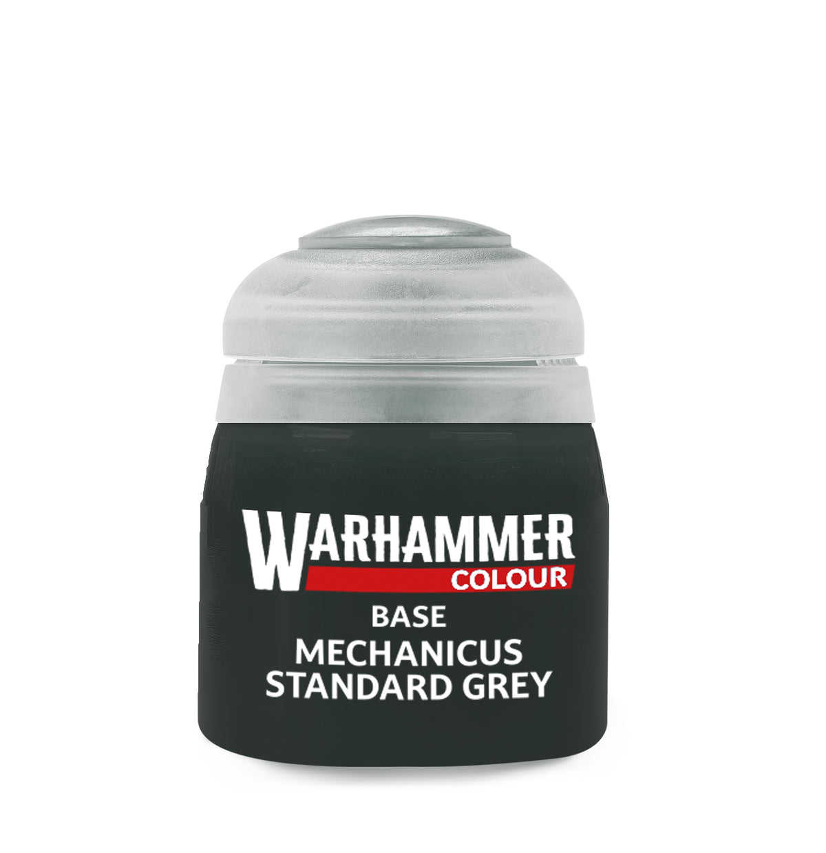 The official retail product paint pot for Warhammer Colour Base: Mechanicus Standard Grey.