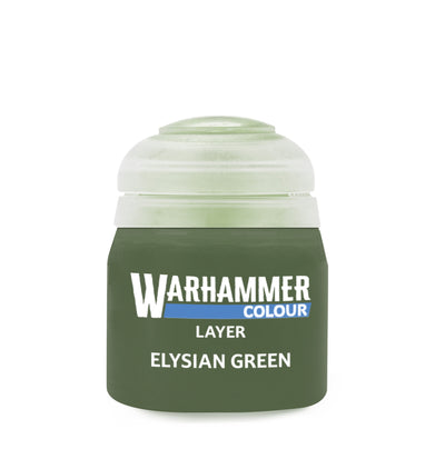 The official retail product paint pot for Warhammer Colour: Elysian Green.