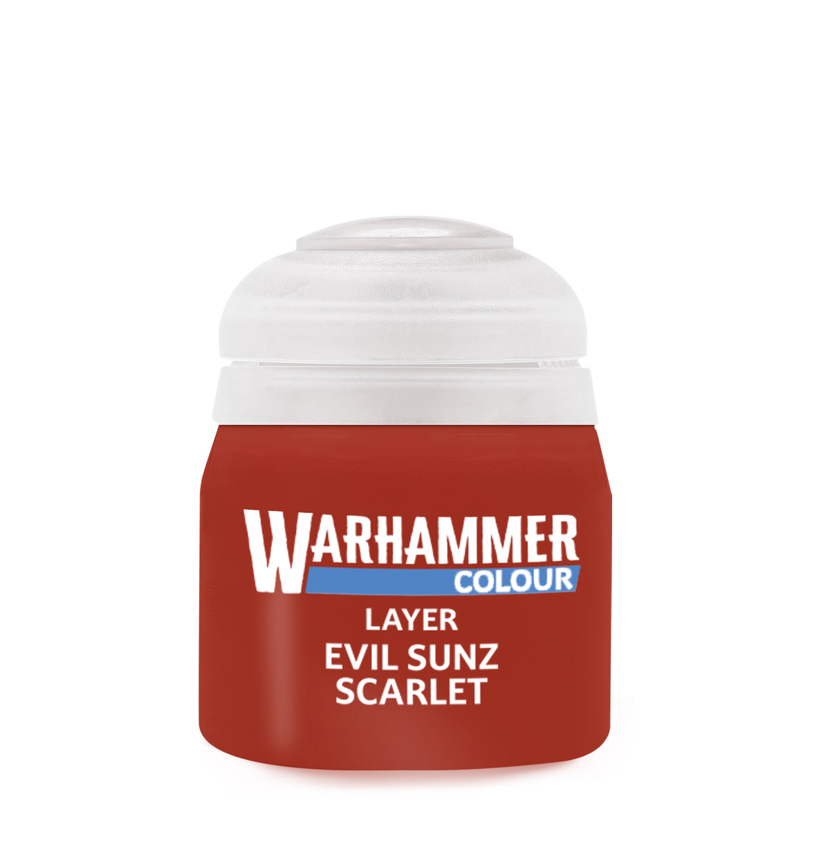 The official retail product paint pot for Warhammer Colour: Evil Sunz Scarlet.