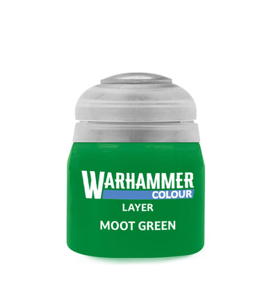 The official retail product paint pot for Warhammer Colour: Moot Green.