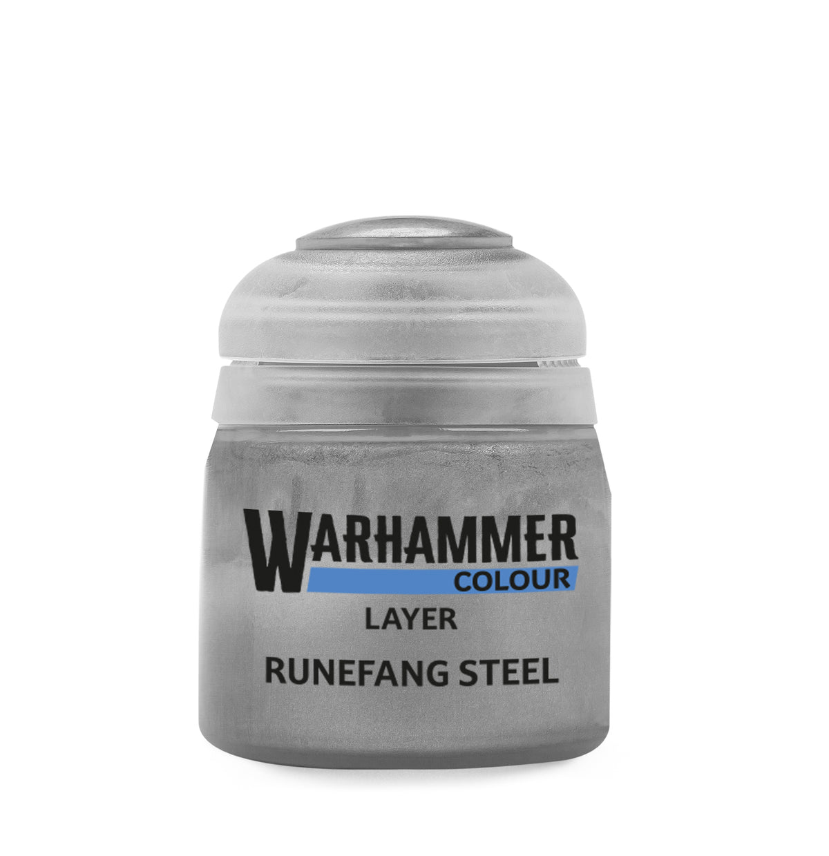 The official retail product paint pot for Warhammer Colour: Runefang Steel.