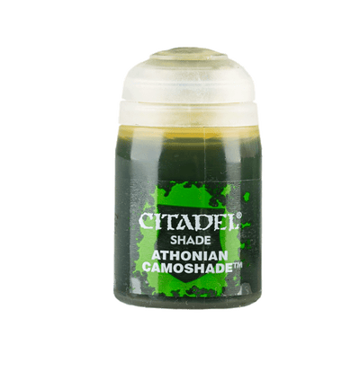 The official retail product paint pot for Warhammer Colour Shade: Athonian Camoshade.