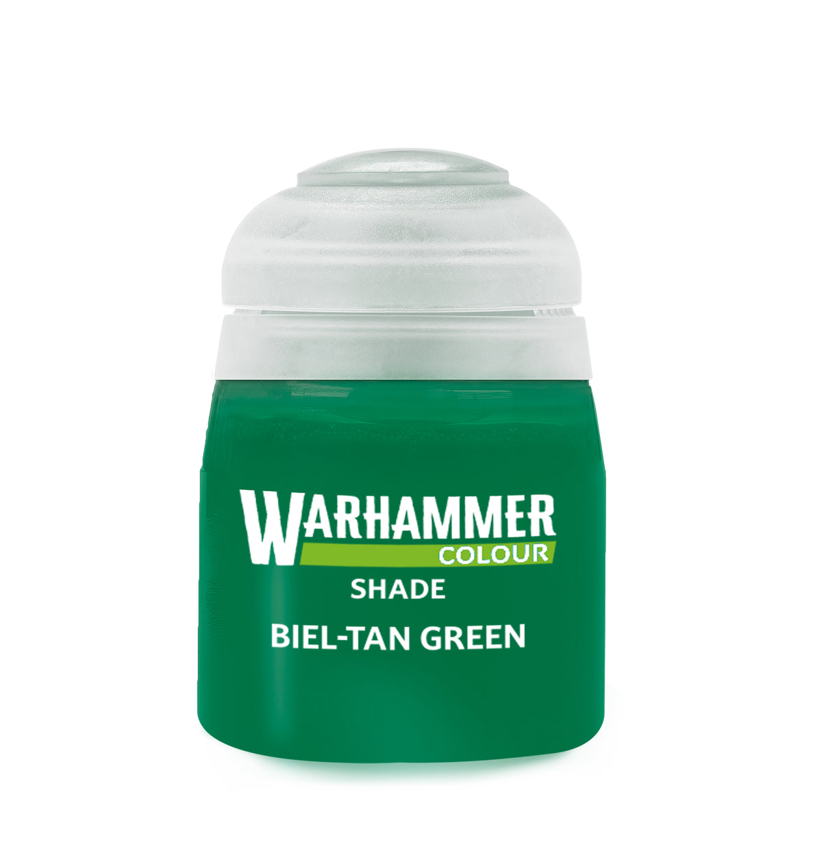 The official retail product paint pot for Warhammer Colour Shade: Biel-Tan Green.