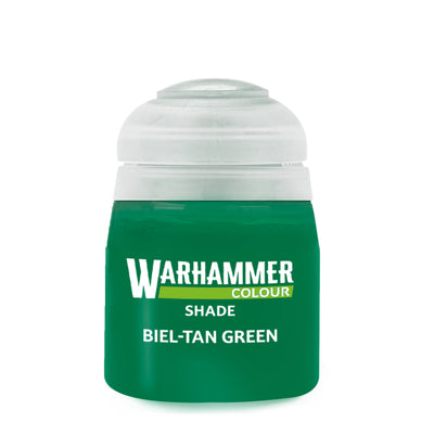 The official retail product paint pot for Warhammer Colour Shade: Biel-Tan Green.