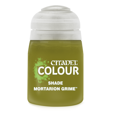 The official retail product paint pot for Warhammer Colour Shade: Mortarion Grime.