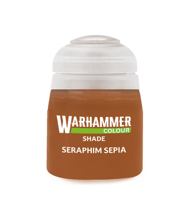 The official retail product paint pot for Warhammer Colour Shade: Seraphim Sepia.