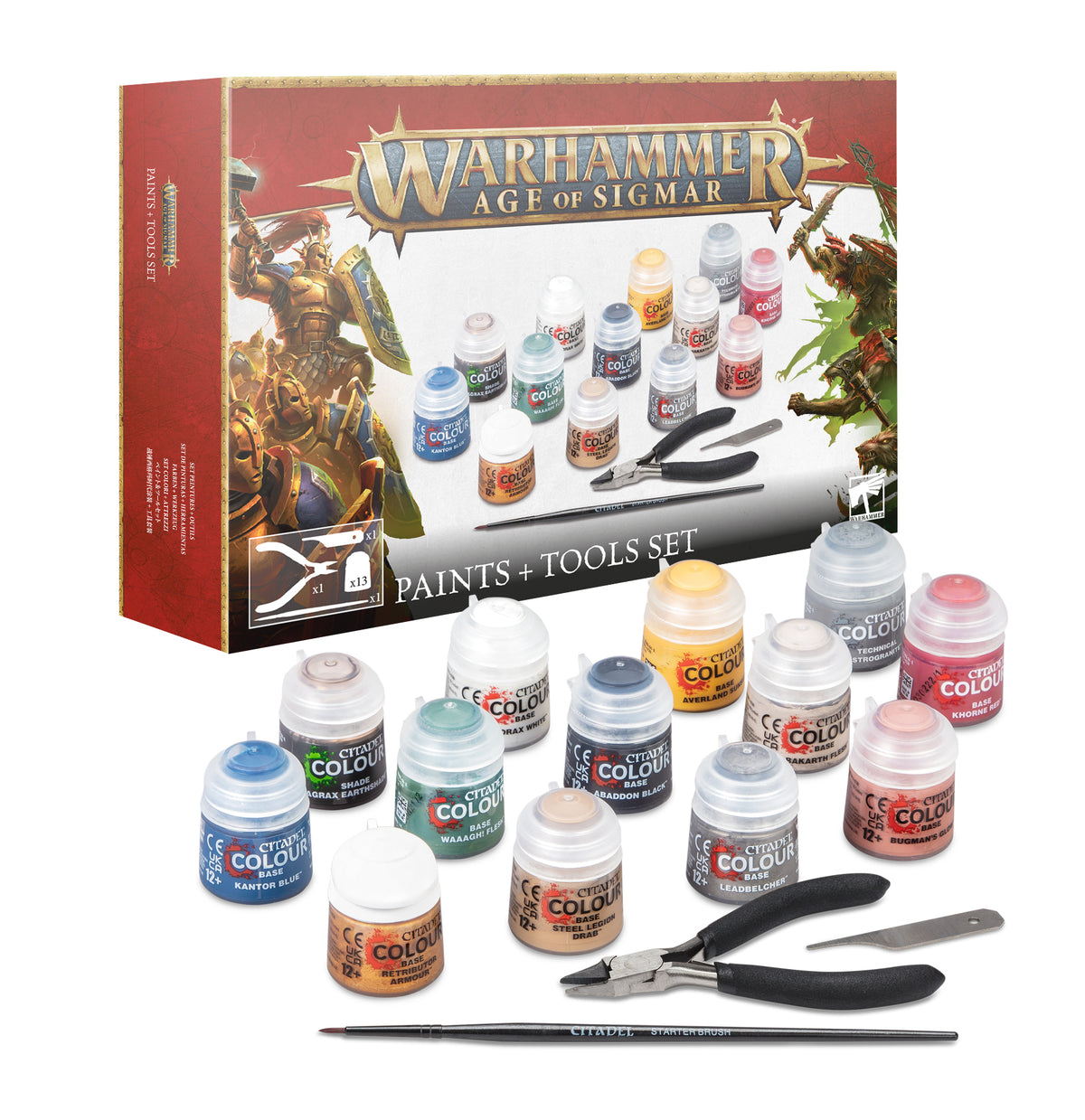 The official retail product box for the Warhammer Painting & Tools Set, displaying the included paints, brush, and build tools.