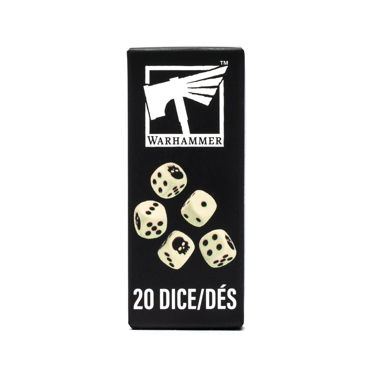 The official retail product box for the Warhammer Skull Dice set, showing the ivory-coloured dice with black markings.