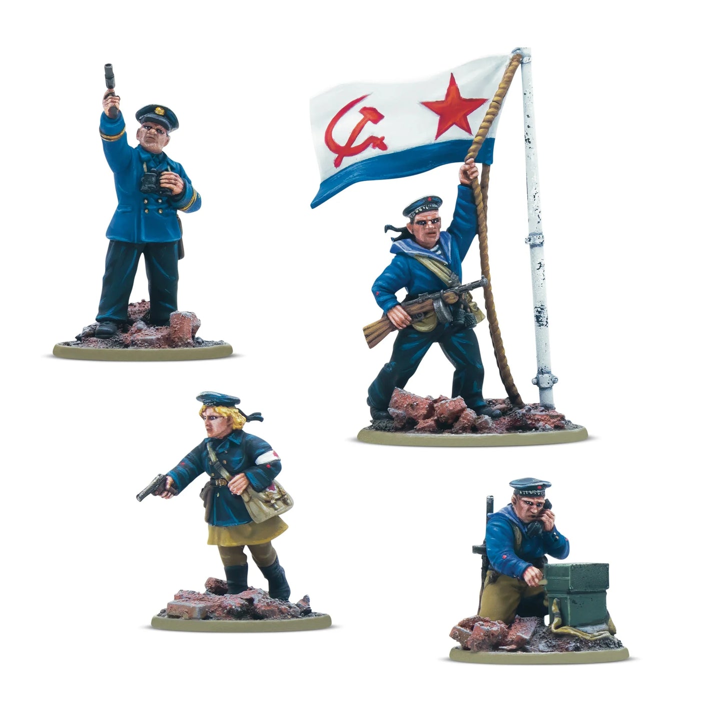 Four painted Warlord Resin Soviet Naval Brigade HQ miniatures: a commissioned officer with a pistol, a female medic, a radio operator, and a sailor raising the Soviet naval ensign.