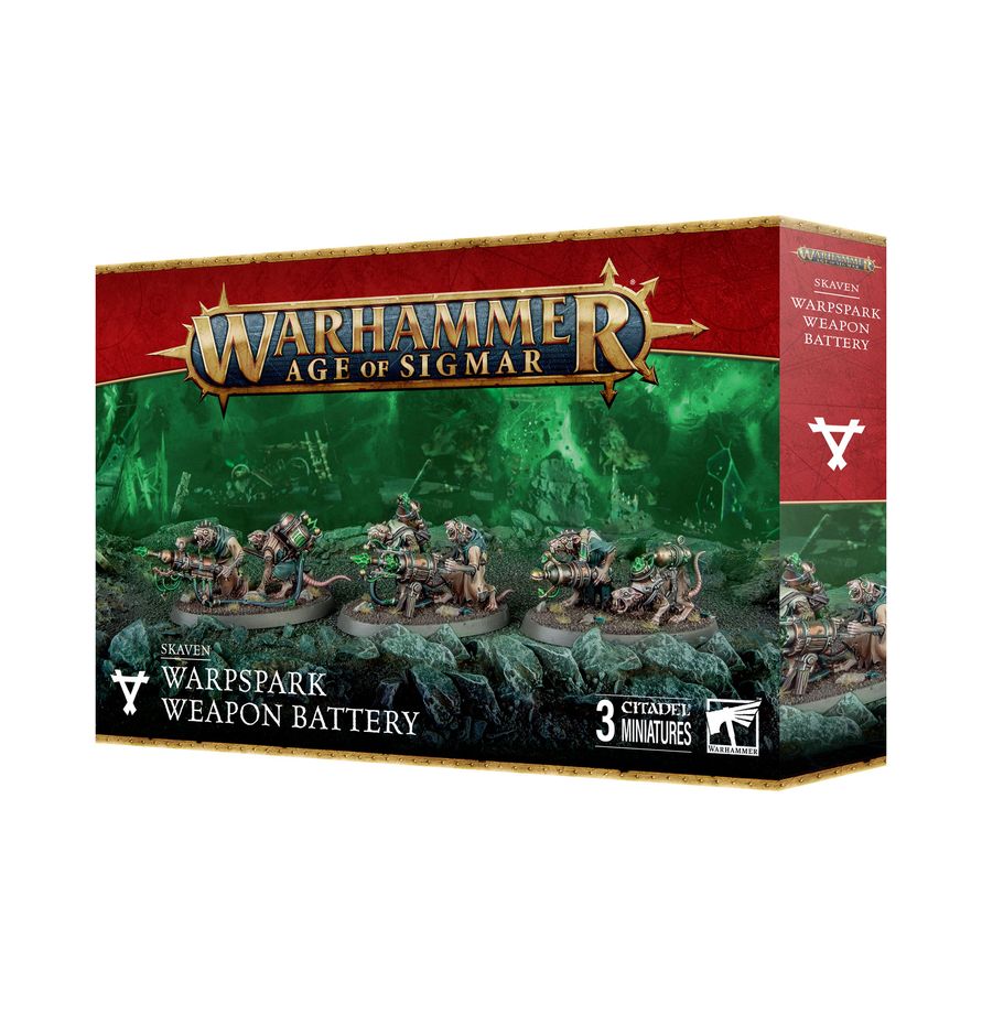 The official retail product box for the Warpspark Weapon Batteries miniature kit, featuring the fully assembled and painted Clans Skryre models.