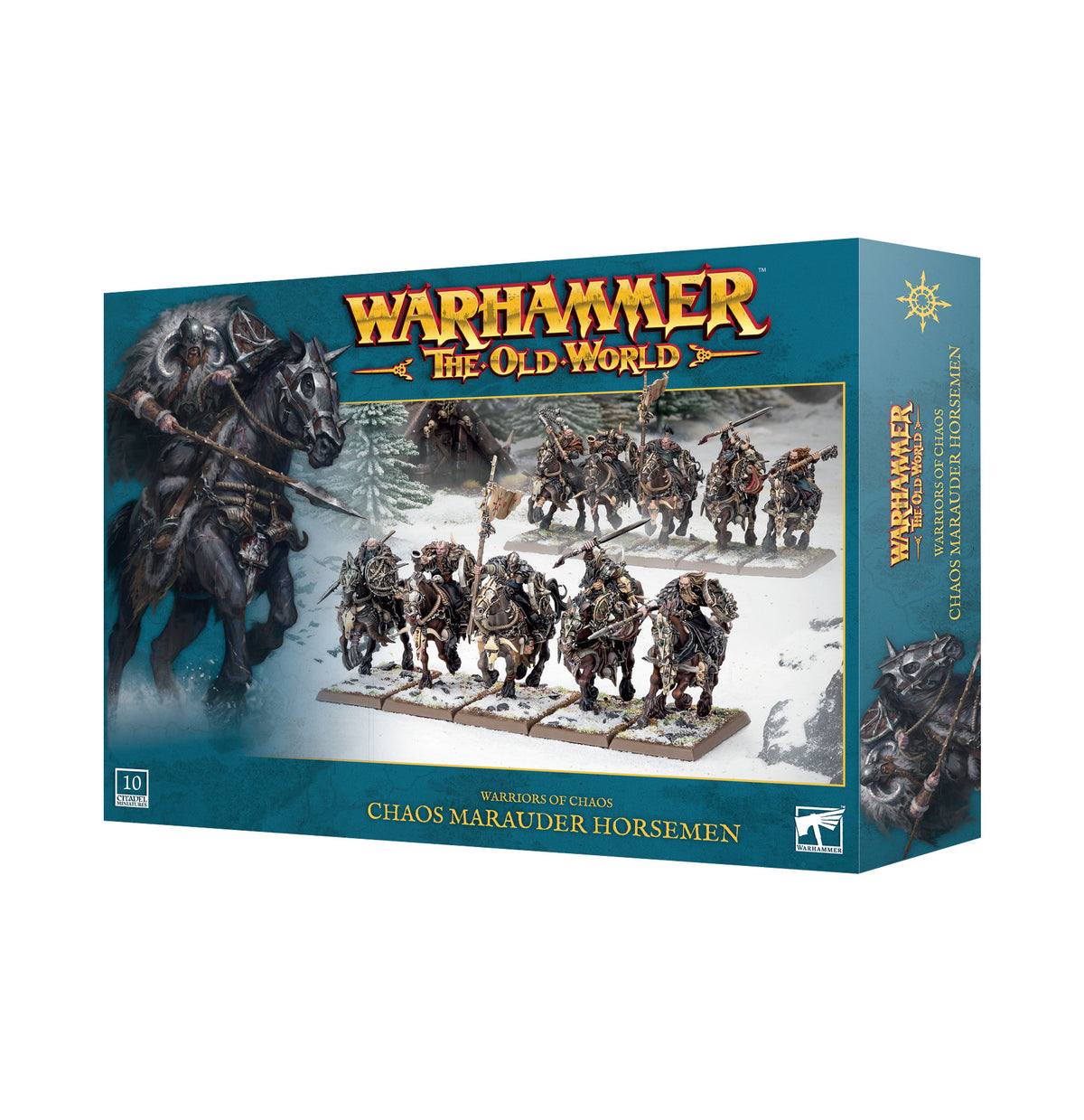 The official retail product box for the Warriors of Chaos: Chaos Marauder Horsemen miniature kit, displaying the dynamic mortal cavalry models.