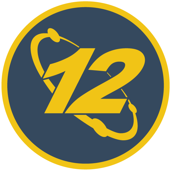 The blue and gold '12' atom symbol of the O-12 organisation in the Infinity universe.