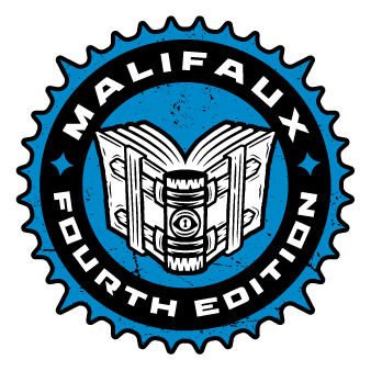 The blue and black logo for The Arcanists faction in Malifaux Fourth Edition, featuring an open book with a central eye inside a cog-like border.