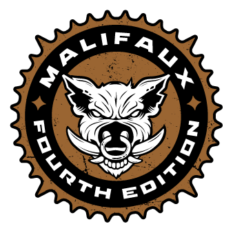 The brown and black logo for The Bayou faction in Malifaux Fourth Edition, featuring a snarling boar's head inside a cog-like border.