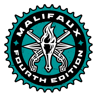 The teal and black logo for The Explorer's Society faction in Malifaux Fourth Edition, featuring a torch and crossed pistols.
