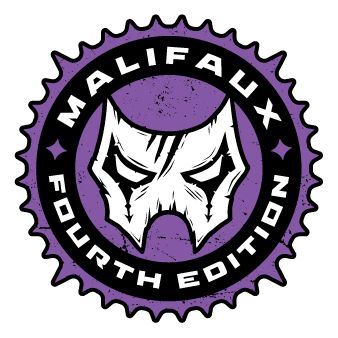 The purple and black logo for The Neverborn faction in Malifaux Fourth Edition, featuring a stylized mask inside a cog-like border.