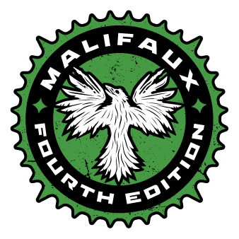 The green and black logo for The Resurrectionists faction in Malifaux Fourth Edition, featuring a skeletal raven inside a cog-like border.