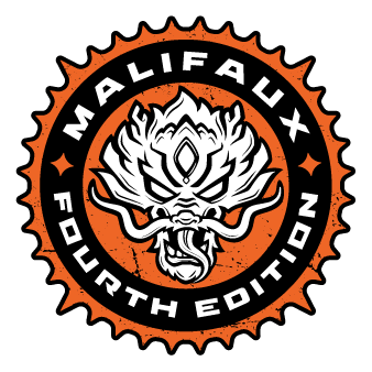 The orange and black logo for The Ten Thunders faction in Malifaux Fourth Edition, featuring a stylized dragon's head inside a cog-like border.