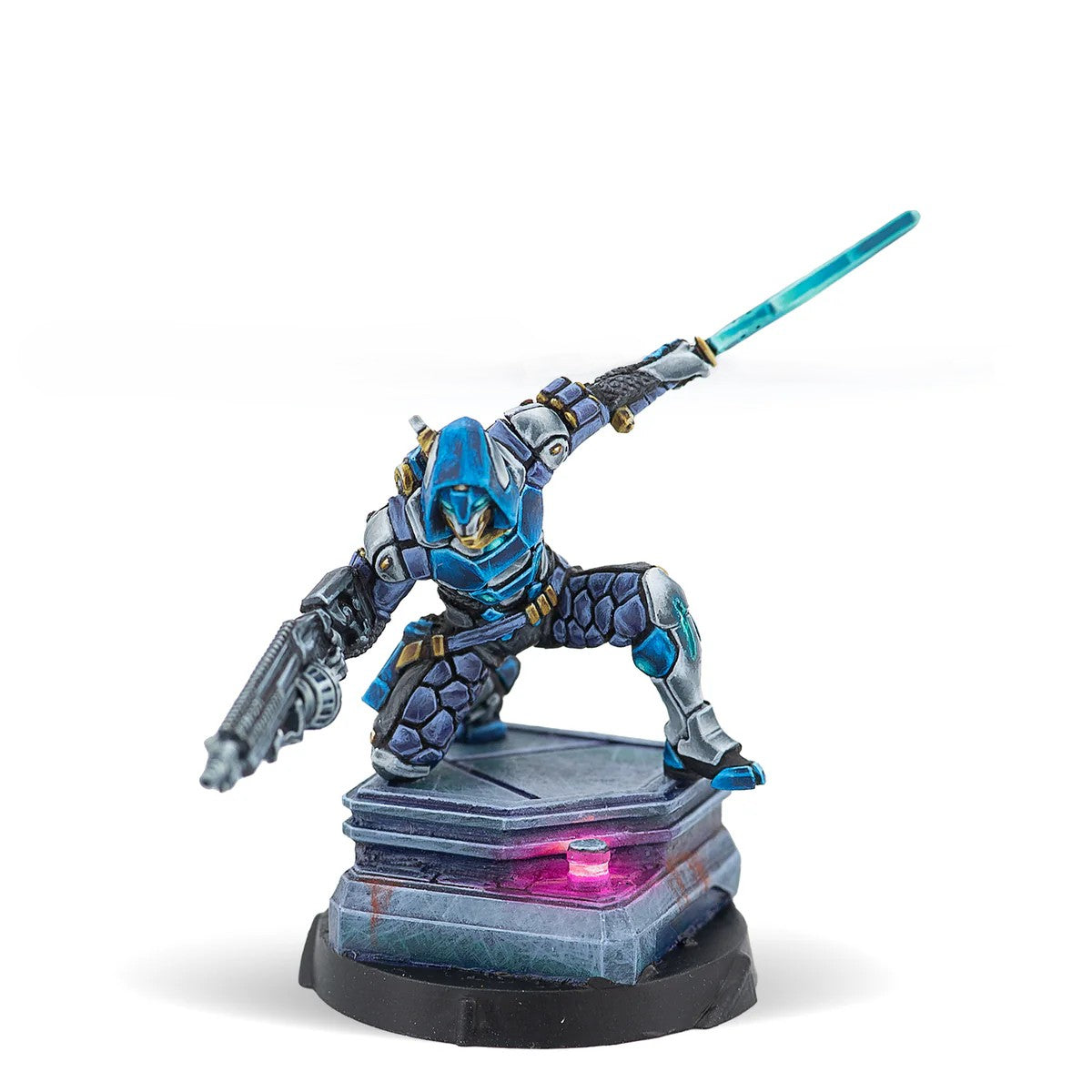 Infinity Reinf. Nightshades miniature from file 1075A-1Nightshade_BoardingShotgun_ShockMines.jpg featuring a blue armoured hooded ninja model. Christchurch, NZ.