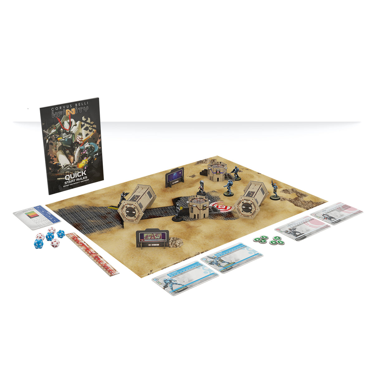 Board game setup with components on a white background