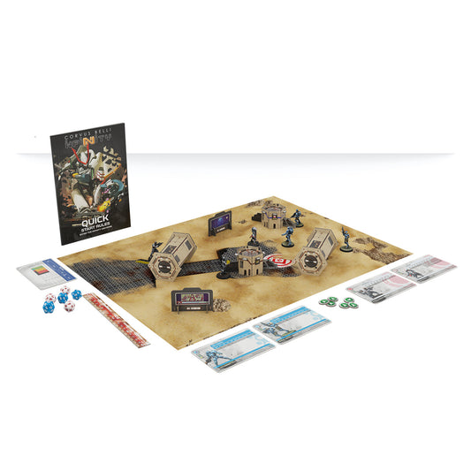 Board game setup with components on a white background