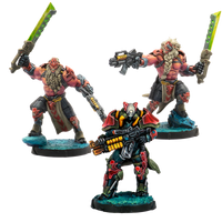 Three fully painted metal miniatures including two Daturazi warriors and a Rodok operative.