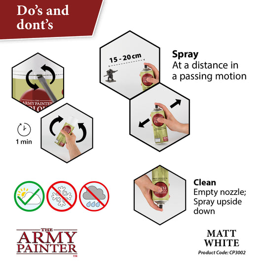 Instructions for using 'The Army Painter' spray paint with icons and text on a white background.