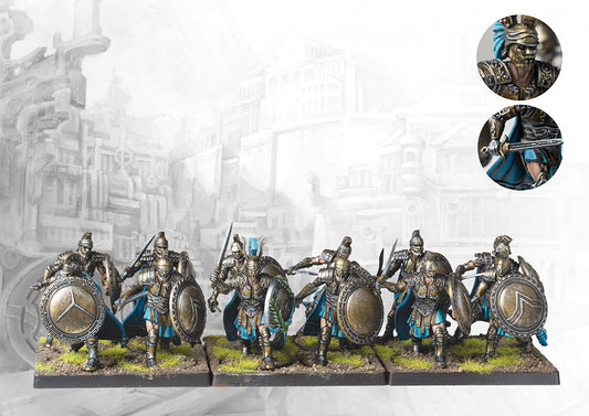 A fully painted unit of twelve City States Agema miniatures on square bases, featuring elite warriors in bronze armor with large round shields and swords.