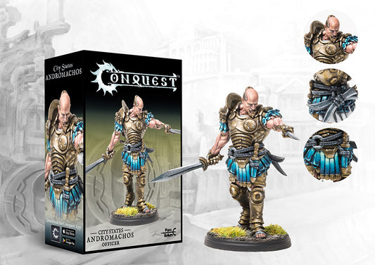 The product box and painted miniature for the City States Andromachos officer, a warrior in bronze armor holding a sword and dagger, with detail callouts.