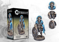 The product box and painted miniature for the City States Aristarch character, a heavily armored leader with a sword and gear-like shield, with detail callouts.