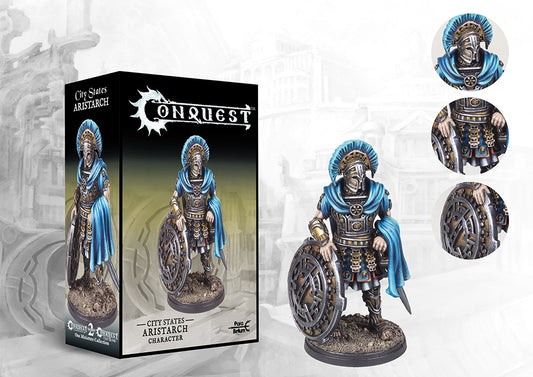 The product box and painted miniature for the City States Aristarch character, a heavily armored leader with a sword and gear-like shield, with detail callouts.