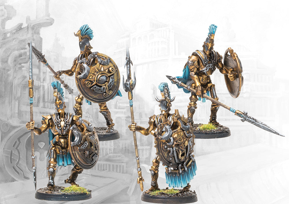 Four individual City States Clockwork Hoplite miniatures on round bases, showcasing different dynamic poses with crested helmets, spears, and large shields.