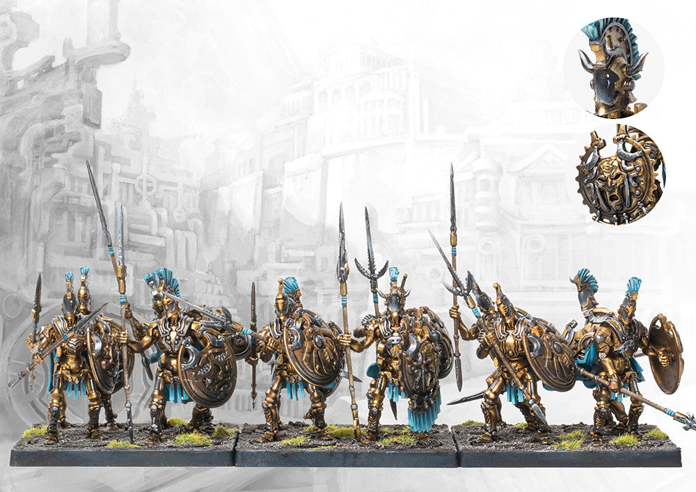 A fully painted unit of twelve City States Clockwork Hoplites miniatures on square bases, featuring automaton warriors with spears and ornate bronze shields.