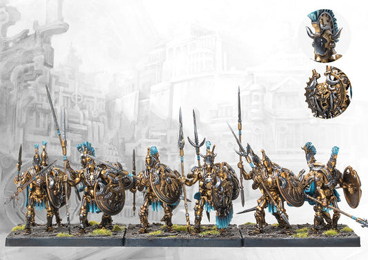 A fully painted unit of twelve City States Clockwork Hoplites miniatures on square bases, featuring automaton warriors with spears and ornate bronze shields.