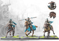 Three fully painted City States Companion Cavalry miniatures on square bases, depicted as charging warriors with lances, crested helmets, and flowing capes.
