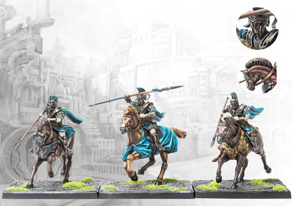 Three fully painted City States Companion Cavalry miniatures on square bases, depicted as charging warriors with lances, crested helmets, and flowing capes.