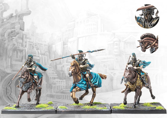 Three fully painted City States Companion Cavalry miniatures on square bases, depicted as charging warriors with lances, crested helmets, and flowing capes.