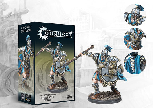 The product box and painted miniature for the City States Dorilates officer, a warrior with a large owl-themed shield and spear, with detail callouts.