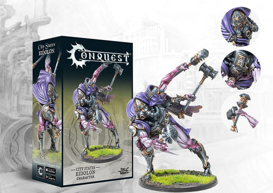The product box and painted miniature for the City States Eidolon character, a large four-armed biomechanical construct, with detail callouts.