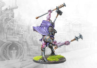 A fully painted City States Eidolon miniature for Conquest, a four-armed biomechanical creature with a purple cloak shown in a dynamic combat pose.