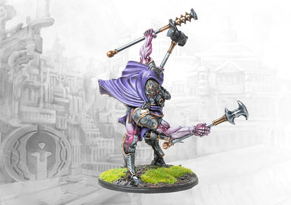 A fully painted City States Eidolon miniature for Conquest, a four-armed biomechanical creature with a purple cloak shown in a dynamic combat pose.