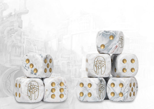 Stacks of light grey marbled dice for the City States faction in Conquest, featuring gold pips and a custom Spartan-style helmet logo on the six-face.