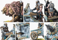 A collage of close-up images highlighting the fine details of the City States Flogobolon model, including the armored lions, the crewman, and the flame weapon.