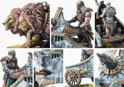 A collage of close-up images highlighting the fine details of the City States Flogobolon model, including the armored lions, the crewman, and the flame weapon.