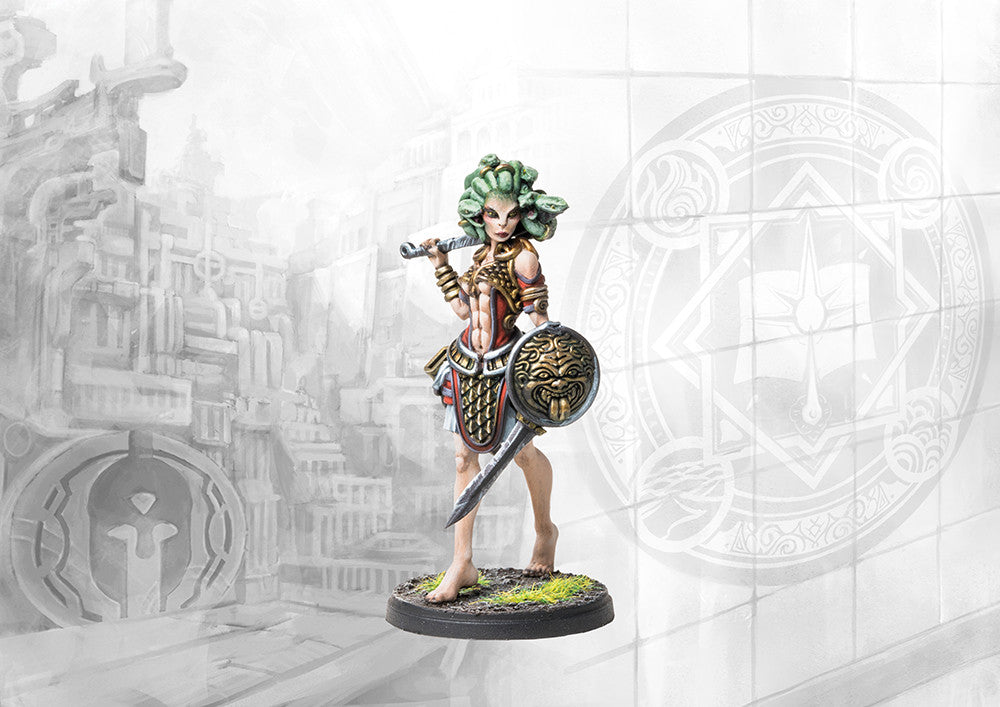 A close-up of the painted City States Gorgon miniature from Conquest: Fanning the Fire, with snake-hair, a large sword, and a decorative shield.