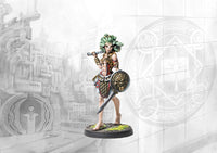 A close-up of the painted City States Gorgon miniature from Conquest: Fanning the Fire, with snake-hair, a large sword, and a decorative shield.