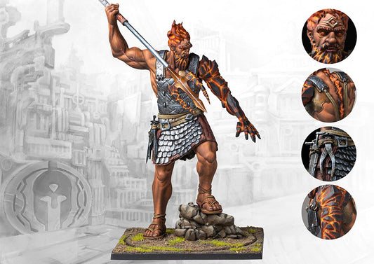 A fully painted City States Hephaestian miniature on a square base, a giant with fiery hair and a magma arm holding a trident, with detail callouts.